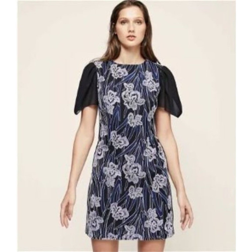 Reiss Estelle Floral Embroidered Chiffon Sleeve Shift Dress Black Purple 10
